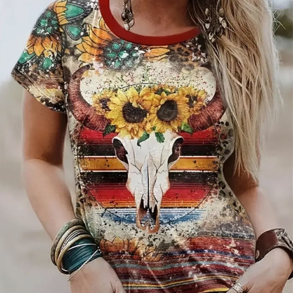 NEW! Trendy Western Cow Skull Leopard Sunflower Mixed Print T Shirt Boho South